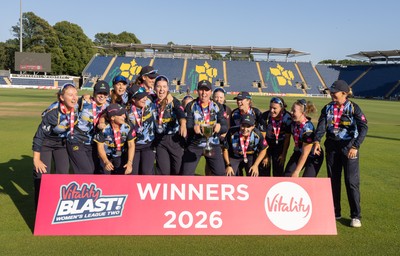 120726 - Glamorgan Women v Gloucestershire Women, Vitality Blast Women League 2 Final - Glamorgan Women celebrate after being presented with the trophy