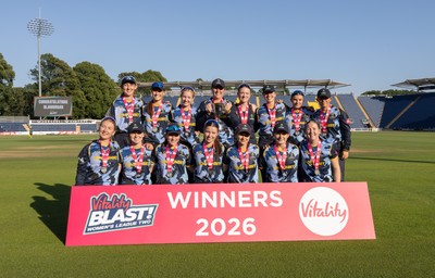120726 - Glamorgan Women v Gloucestershire Women, Vitality Blast Women League 2 Final - Glamorgan Women celebrate after being presented with the trophy