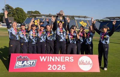 120726 - Glamorgan Women v Gloucestershire Women, Vitality Blast Women League 2 Final - Glamorgan Women celebrate after being presented with the trophy