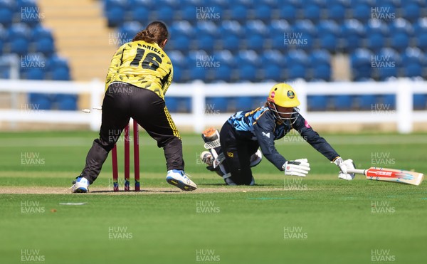 120726 - Glamorgan Women v Gloucestershire Women, Vitality Blast Women League 2 Final - Daisy Jeanes of Glamorgan Women is run out by Liv Daniels of Gloucestershire Women