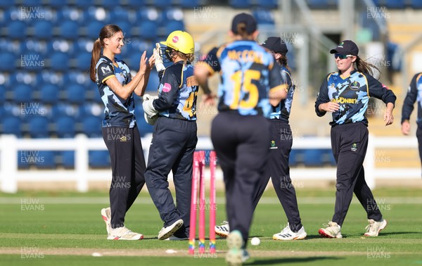 120726 - Glamorgan Women v Gloucestershire Women, Vitality Blast Women League 2 Final - Eve Jackson of Glamorgan Women celebrates after she bowls Georgina Start of Gloucestershire Women