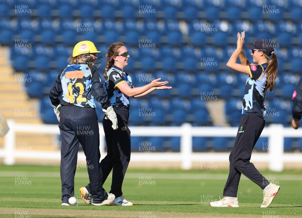 120726 - Glamorgan Women v Gloucestershire Women, Vitality Blast Women League 2 Final - Nicole Reid of Glamorgan Women celebrates after she bowls Caitlin Belcher of Gloucestershire Women