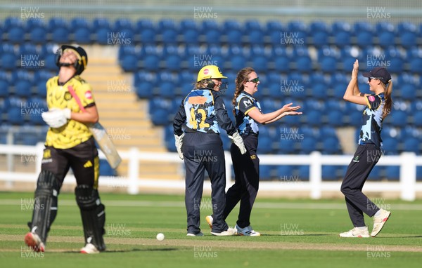 120726 - Glamorgan Women v Gloucestershire Women, Vitality Blast Women League 2 Final - Nicole Reid of Glamorgan Women celebrates after she bowls Caitlin Belcher of Gloucestershire Women