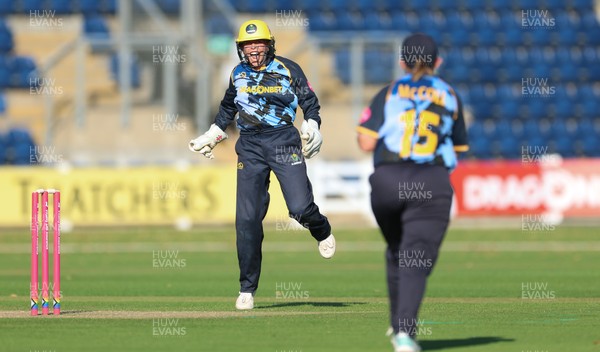 120726 - Glamorgan Women v Gloucestershire Women, Vitality Blast Women League 2 Final - Megan Sturge of Glamorgan Women celebrates as they take the final wicket to win the match
