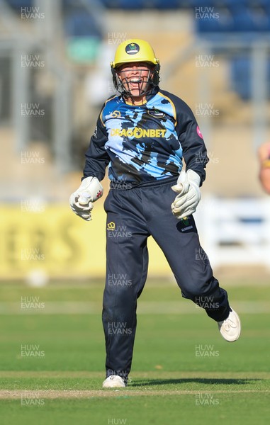 120726 - Glamorgan Women v Gloucestershire Women, Vitality Blast Women League 2 Final - Megan Sturge of Glamorgan Women celebrates as they take the final wicket to win the match