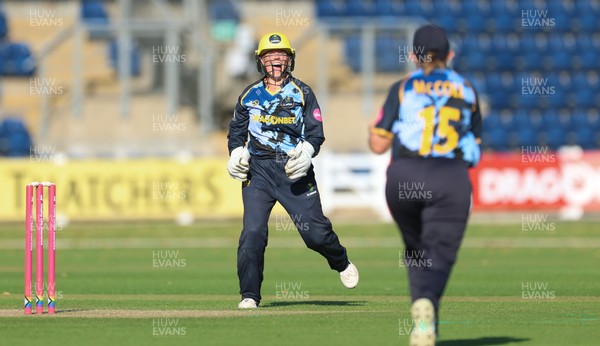 120726 - Glamorgan Women v Gloucestershire Women, Vitality Blast Women League 2 Final - Megan Sturge of Glamorgan Women celebrates as they take the final wicket to win the match