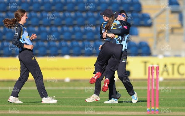 120726 - Glamorgan Women v Gloucestershire Women, Vitality Blast Women League 2 Final - Lauren Parfitt of Glamorgan Women celebrates as they take the final wicket to win the match