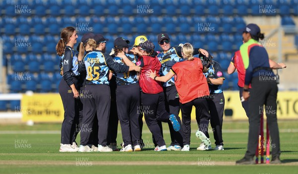 120726 - Glamorgan Women v Gloucestershire Women, Vitality Blast Women League 2 Final - Glamorgan Women celebrate as they take the final wicket to win the match