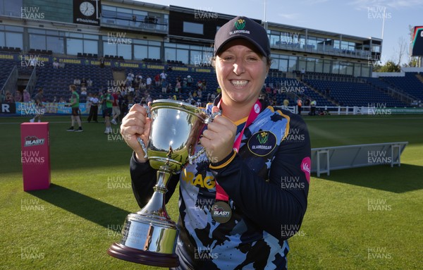 120726 - Glamorgan Women v Gloucestershire Women, Vitality Blast Women League 2 Final - Lauren Parfitt of Glamorgan Women celebrates after being presented with the trophy