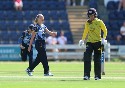 130725 -  Glamorgan Women v Gloucestershire Women, Vitality Blast Women League 2, South Group - Anna-Mae Shean of Glamorgan Women celebrates after she bowls Bea Willis of Gloucestershire Women
