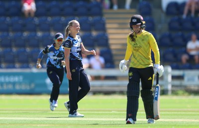 130725 -  Glamorgan Women v Gloucestershire Women, Vitality Blast Women League 2, South Group - Anna-Mae Shean of Glamorgan Women celebrates after she bowls Bea Willis of Gloucestershire Women