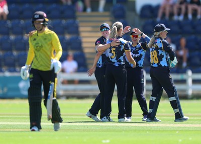 130725 -  Glamorgan Women v Gloucestershire Women, Vitality Blast Women League 2, South Group - Anna-Mae Shean of Glamorgan Women celebrates after she bowls Bea Willis of Gloucestershire Women