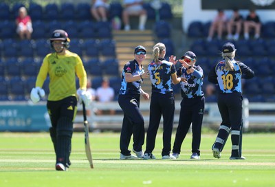 130725 -  Glamorgan Women v Gloucestershire Women, Vitality Blast Women League 2, South Group - Anna-Mae Shean of Glamorgan Women celebrates after she bowls Bea Willis of Gloucestershire Women