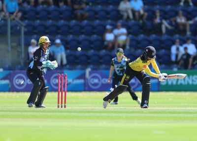 130725 -  Glamorgan Women v Gloucestershire Women, Vitality Blast Women League 2, South Group - Prarthana Reddy of Gloucestershire Women is bowled by Katy Cobb of Glamorgan Women