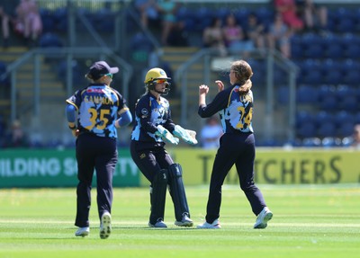 130725 -  Glamorgan Women v Gloucestershire Women, Vitality Blast Women League 2, South Group - Katy Cobb of Glamorgan Women celebrates after she bowls Prarthana Reddy of Gloucestershire Women