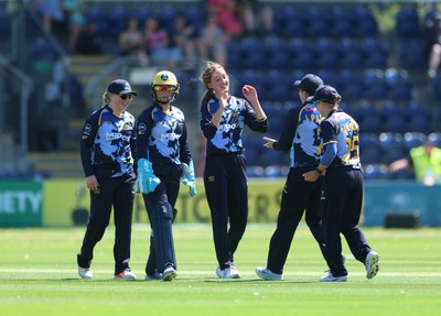 130725 -  Glamorgan Women v Gloucestershire Women, Vitality Blast Women League 2, South Group - Katy Cobb of Glamorgan Women celebrates after she bowls Prarthana Reddy of Gloucestershire Women