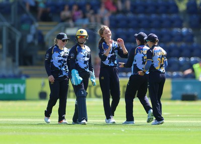 130725 -  Glamorgan Women v Gloucestershire Women, Vitality Blast Women League 2, South Group - Katy Cobb of Glamorgan Women celebrates after she bowls Prarthana Reddy of Gloucestershire Women