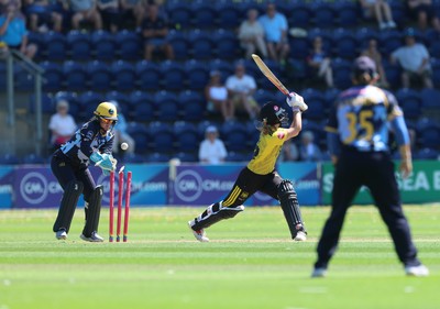 130725 -  Glamorgan Women v Gloucestershire Women, Vitality Blast Women League 2, South Group - Melissa Story of Gloucestershire Women is bowled by Nicole Reid of Glamorgan Women