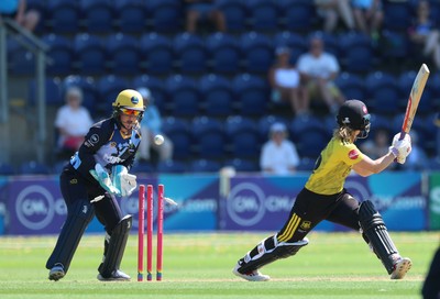 130725 -  Glamorgan Women v Gloucestershire Women, Vitality Blast Women League 2, South Group - Melissa Story of Gloucestershire Women is bowled by Nicole Reid of Glamorgan Women