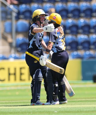 130725 -  Glamorgan Women v Gloucestershire Women, Vitality Blast Women League 2, South Group - Bethan Ellis of Glamorgan Women celebrates her 50 with Beth Gammon of Glamorgan Women