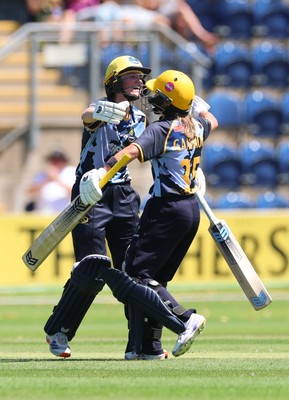 130725 -  Glamorgan Women v Gloucestershire Women, Vitality Blast Women League 2, South Group - Bethan Ellis of Glamorgan Women celebrates with Beth Gammon of Glamorgan Women as their partnership wins the match