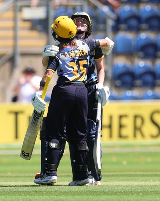 130725 -  Glamorgan Women v Gloucestershire Women, Vitality Blast Women League 2, South Group - Bethan Ellis of Glamorgan Women celebrates with Beth Gammon of Glamorgan Women as their partnership wins the match