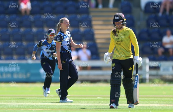 130725 -  Glamorgan Women v Gloucestershire Women, Vitality Blast Women League 2, South Group - Anna-Mae Shean of Glamorgan Women celebrates after she bowls Bea Willis of Gloucestershire Women