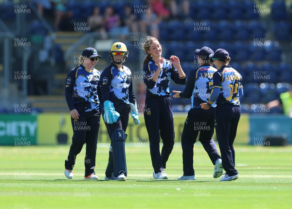 130725 -  Glamorgan Women v Gloucestershire Women, Vitality Blast Women League 2, South Group - Katy Cobb of Glamorgan Women celebrates after she bowls Prarthana Reddy of Gloucestershire Women