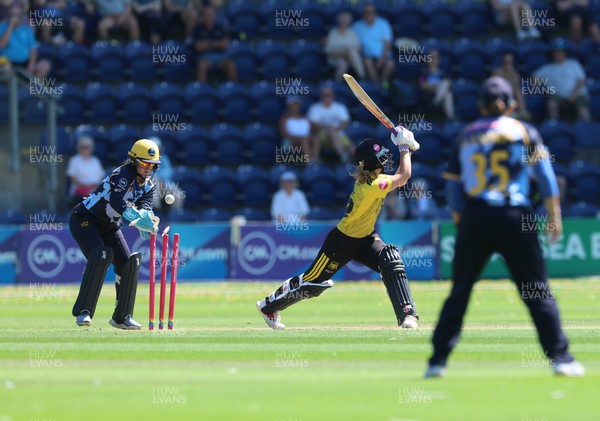 130725 -  Glamorgan Women v Gloucestershire Women, Vitality Blast Women League 2, South Group - Melissa Story of Gloucestershire Women is bowled by Nicole Reid of Glamorgan Women