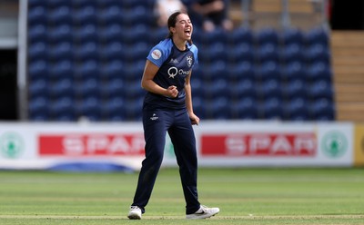 180725 - Glamorgan Women v Kent Spitfires - Vitality Blast Women League 2 - Izzy James of Kent Spitfires celebrates taking the wicket of Lauren Parfitt