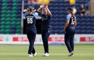 180725 - Glamorgan Women v Kent Spitfires - Vitality Blast Women League 2 - Izzy James of Kent Spitfires celebrates taking the wicket of Lauren Parfitt