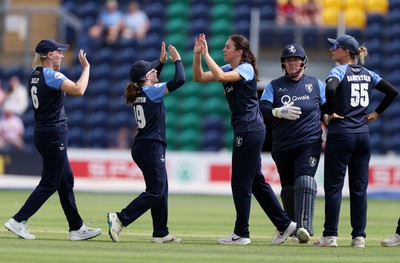 180725 - Glamorgan Women v Kent Spitfires - Vitality Blast Women League 2 - Izzy James of Kent Spitfires celebrates taking the wicket of Lauren Parfitt