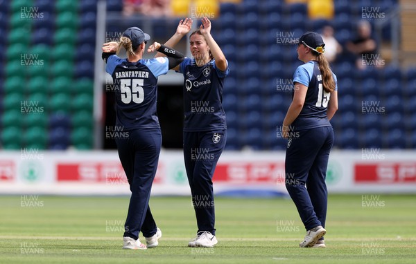 180725 - Glamorgan Women v Kent Spitfires - Vitality Blast Women League 2 - Izzy James of Kent Spitfires celebrates taking the wicket of Lauren Parfitt