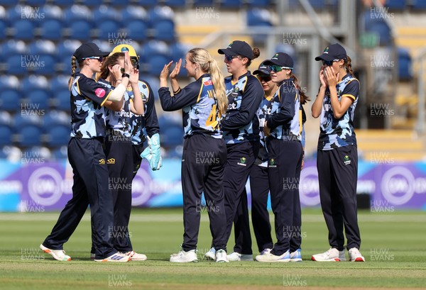 180725 - Glamorgan Women v Kent Spitfires - Vitality Blast Women League 2 - Poppy Walker of Glamorgan celebrates taking the wicket of Tilly Callaghan of Kent Spitfires
