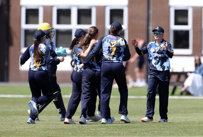 170525 - Glamorgan Women v Lancashire Thunder - T20 Women�s County Cup - Eve Jackson of Glamorgan celebrates with team mates after the first wicket