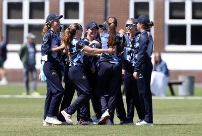 170525 - Glamorgan Women v Lancashire Thunder - T20 Women�s County Cup - Eve Jackson of Glamorgan celebrates with team mates after the first wicket