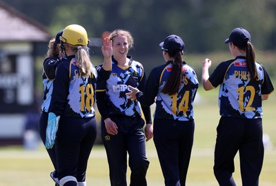 170525 - Glamorgan Women v Lancashire Thunder - T20 Women�s County Cup - Emily Burke of Glamorgan celebrates with team mates after a wicket