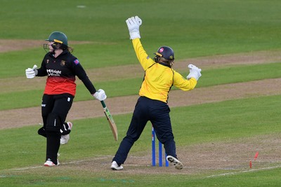 190426 - Glamorgan Women v Leicestershire Foxes Women - Metro Bank One Day Cup Women League 2 - Bethan Gammon of Glamorgan Women celebrates taking the wicket of Becki Brooker of Leicestershire Women