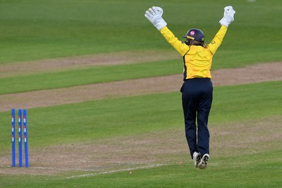 190426 - Glamorgan Women v Leicestershire Foxes Women - Metro Bank One Day Cup Women League 2 - Bethan Gammon of Glamorgan Women celebrates taking the wicket of Becki Brooker of Leicestershire Women