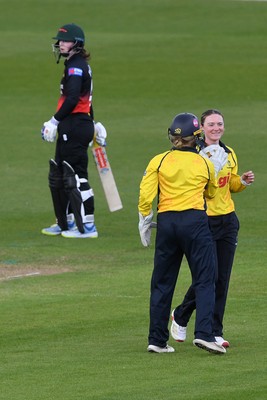 190426 - Glamorgan Women v Leicestershire Foxes Women - Metro Bank One Day Cup Women League 2 - Bethan Gammon of Glamorgan Women celebrates  with team mates after taking the wicket of Becki Brooker of Leicestershire Women