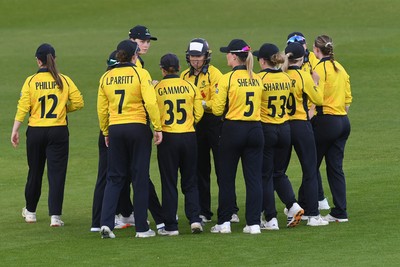 190426 - Glamorgan Women v Leicestershire Foxes Women - Metro Bank One Day Cup Women League 2 - Bethan Gammon of Glamorgan Women celebrates  with team mates after taking the wicket of Becki Brooker of Leicestershire Women