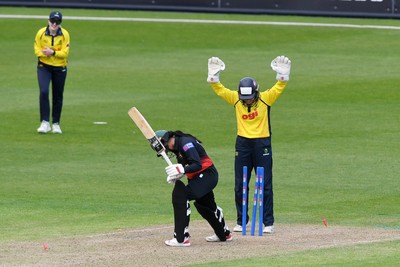 190426 - Glamorgan Women v Leicestershire Foxes Women - Metro Bank One Day Cup Women League 2 - April Herathge of Leicestershire Women is bowled out by Bethan Ellis of Glamorgan Women