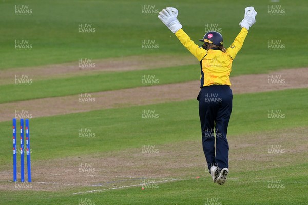 190426 - Glamorgan Women v Leicestershire Foxes Women - Metro Bank One Day Cup Women League 2 - Bethan Gammon of Glamorgan Women celebrates taking the wicket of Becki Brooker of Leicestershire Women
