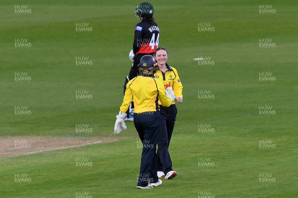 190426 - Glamorgan Women v Leicestershire Foxes Women - Metro Bank One Day Cup Women League 2 - Bethan Gammon of Glamorgan Women celebrates  with team mates after taking the wicket of Becki Brooker of Leicestershire Women