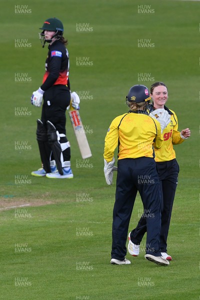 190426 - Glamorgan Women v Leicestershire Foxes Women - Metro Bank One Day Cup Women League 2 - Bethan Gammon of Glamorgan Women celebrates  with team mates after taking the wicket of Becki Brooker of Leicestershire Women