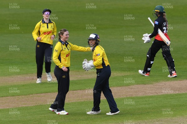 190426 - Glamorgan Women v Leicestershire Foxes Women - Metro Bank One Day Cup Women League 2 - Megan Sturge of Glamorgan Women stumps Indira Singh of Leicestershire Women