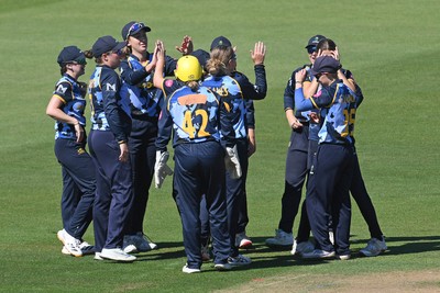 030726 - Glamorgan Women v Middlesex Women - Vitality Blast Women League 2 - Katy Cobb of Glamorgan Women catches the ball to dismiss Artemis Downer of Middlesex Women