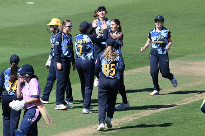 030726 - Glamorgan Women v Middlesex Women - Vitality Blast Women League 2 - Eve Jackson of Glamorgan Women celebrates taking the wicket of Scarlett Hughes of Middlesex Women