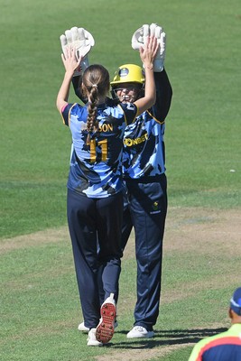 030726 - Glamorgan Women v Middlesex Women - Vitality Blast Women League 2 - Eve Jackson of Glamorgan Women celebrates with team mates after bowling the ball to dismiss Riva Pindoria of Middlesex Women