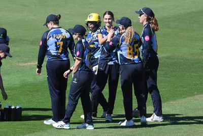 030726 - Glamorgan Women v Middlesex Women - Vitality Blast Women League 2 - Eve Jackson of Glamorgan Women celebrates with team mates after bowling the ball to dismiss Riva Pindoria of Middlesex Women